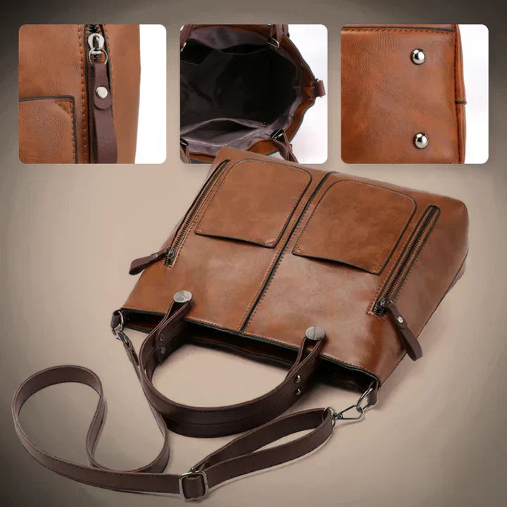 A woman holding a versatile classic handbag with a rich finish by her side