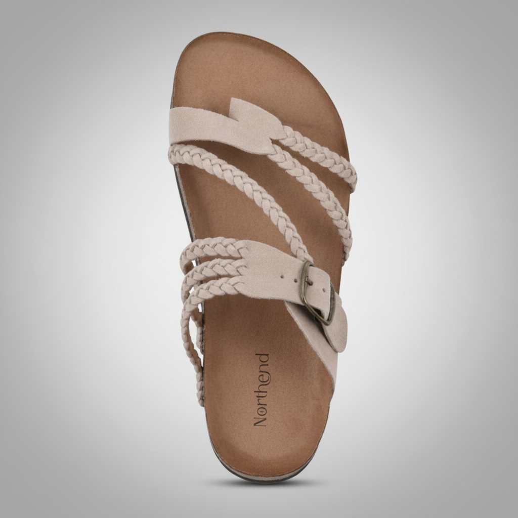 Natural woven flat sandal with an adjustable buckle strap and cushioned footbed