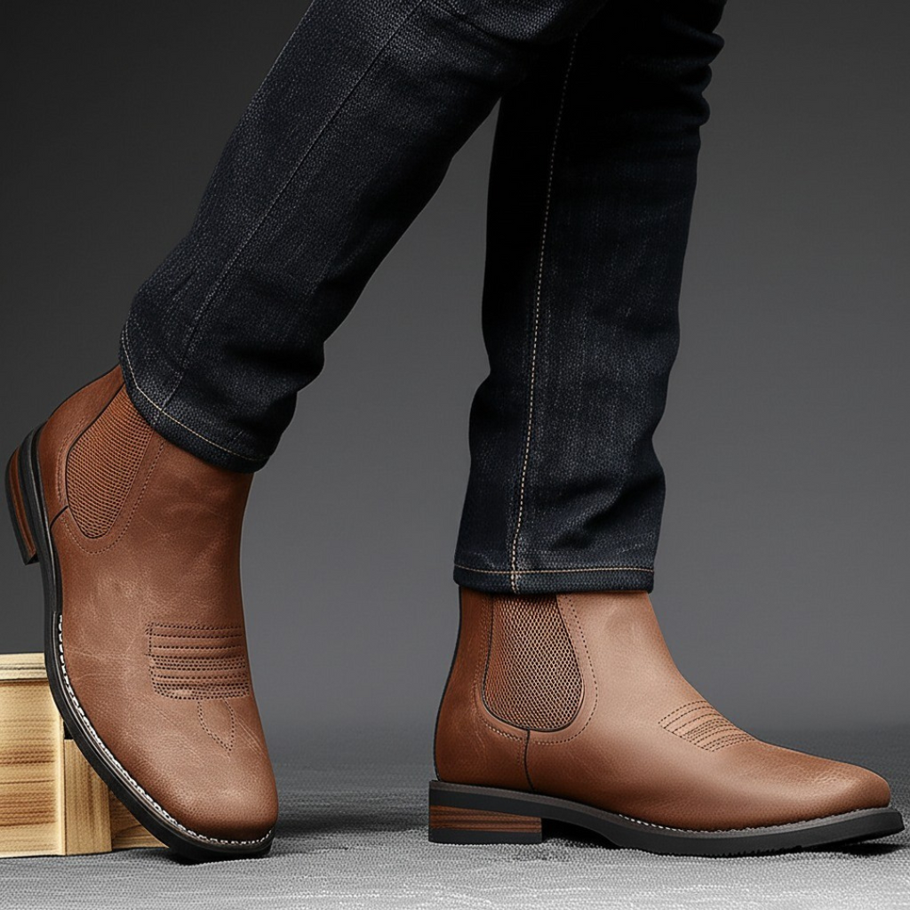 Men's brown smart Chelsea boots with elastic side panels and a sturdy structured sole