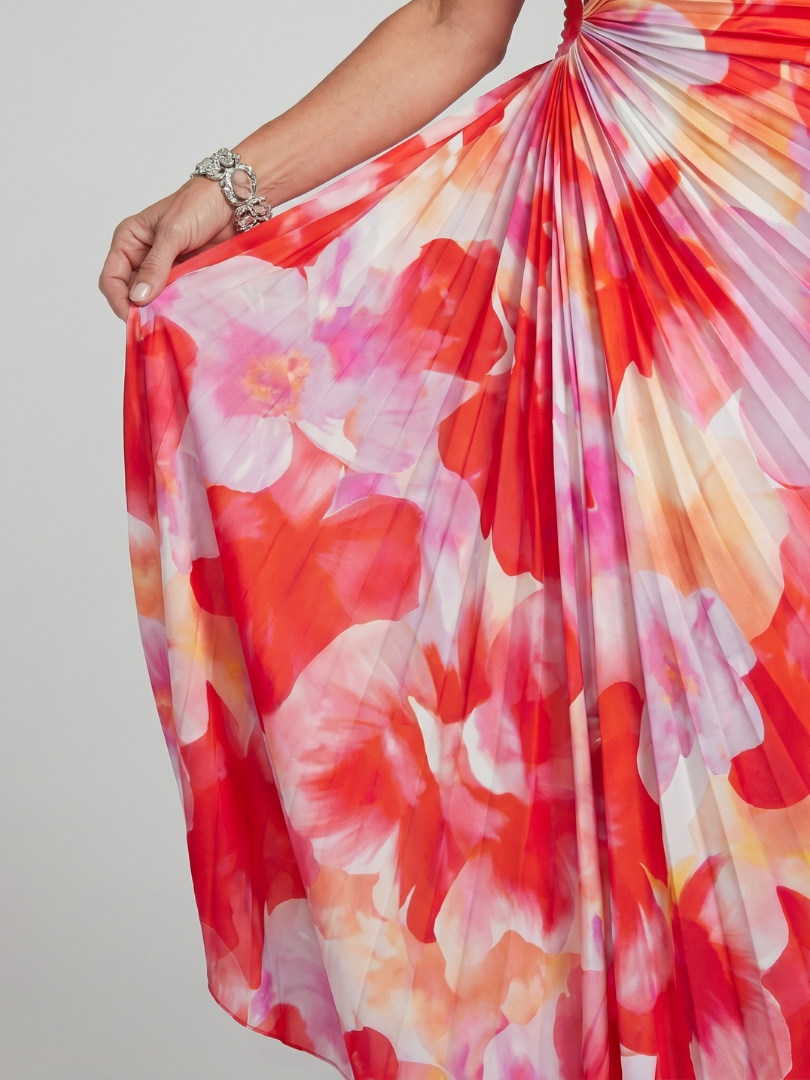 Floral one-shoulder midi dress with a pleated bodice and a flowing relaxed skirt