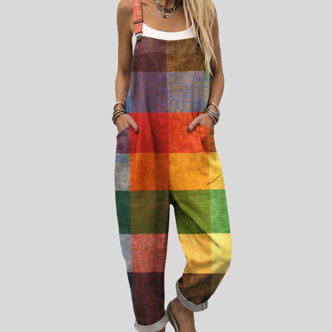 Wide-leg dungarees in bold horizontal rainbow colour-block bands of red, orange, yellow, olive green and deep maroon with adjustable shoulder straps.