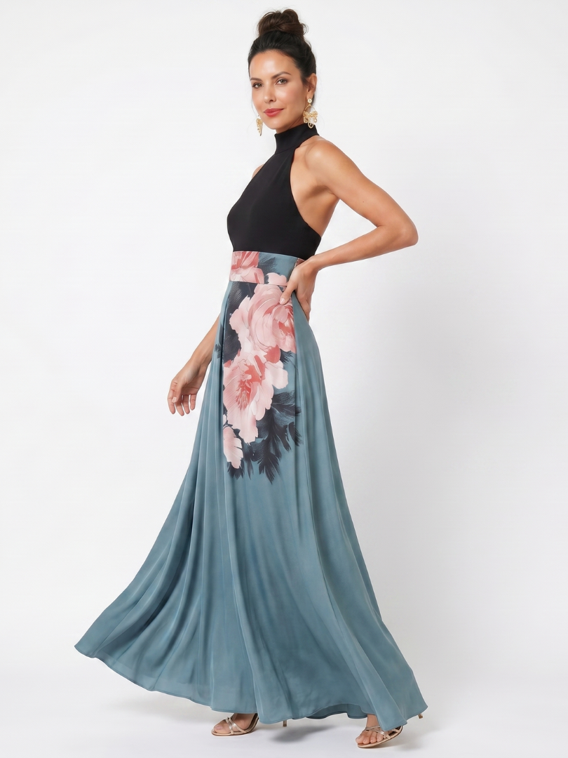 Multicolour floral halter-neck maxi dress with fitted bodice and flowing skirt with front split