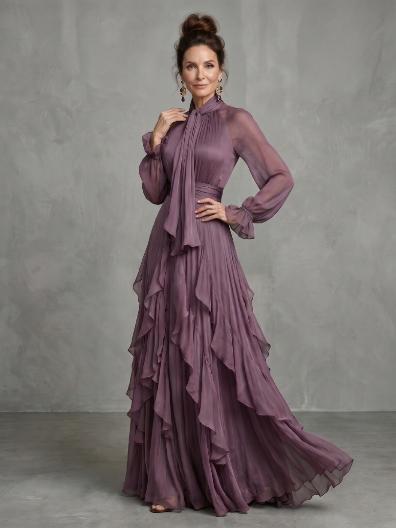 Purple long-sleeve maxi dress with a bow neckline and full layered ruffle skirt