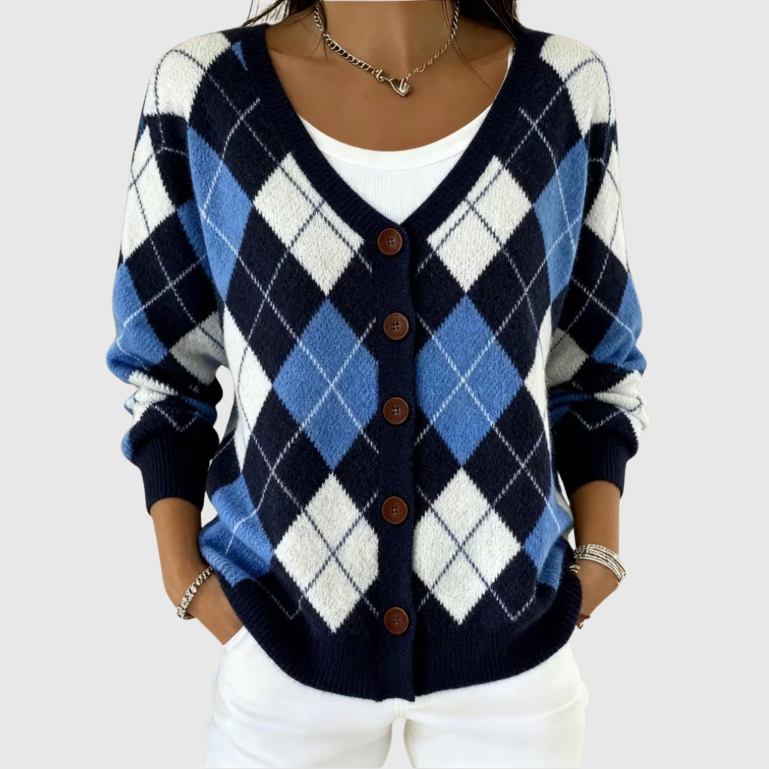A woman wearing an everyday button cardigan open over a top on a cool spring morning.