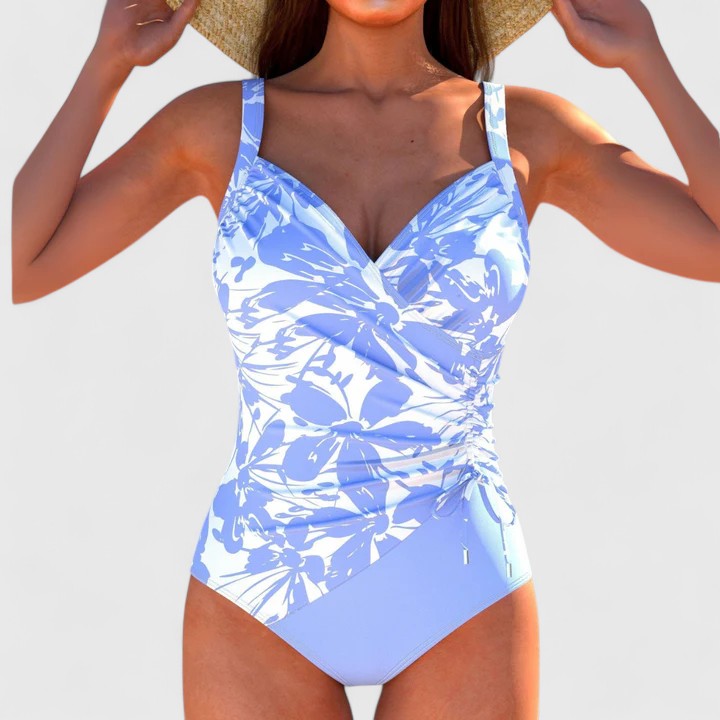 Vibrant multicolour one-piece swimsuit with a softly draped front