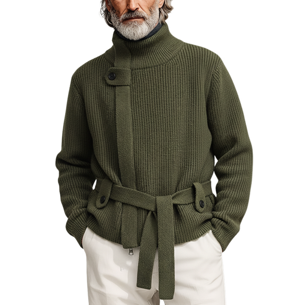 Men's zip-up stand-collar knit cardigan with belt in a relaxed smart-casual style