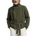 Men's zip-up stand-collar knit cardigan with belt in a relaxed smart-casual style