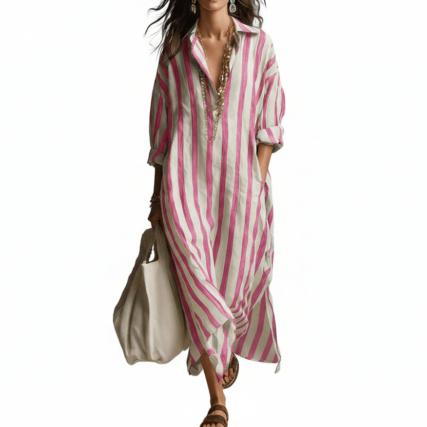 Women's striped maxi dress in pink and white with a classic shirt collar and flowing silhouette