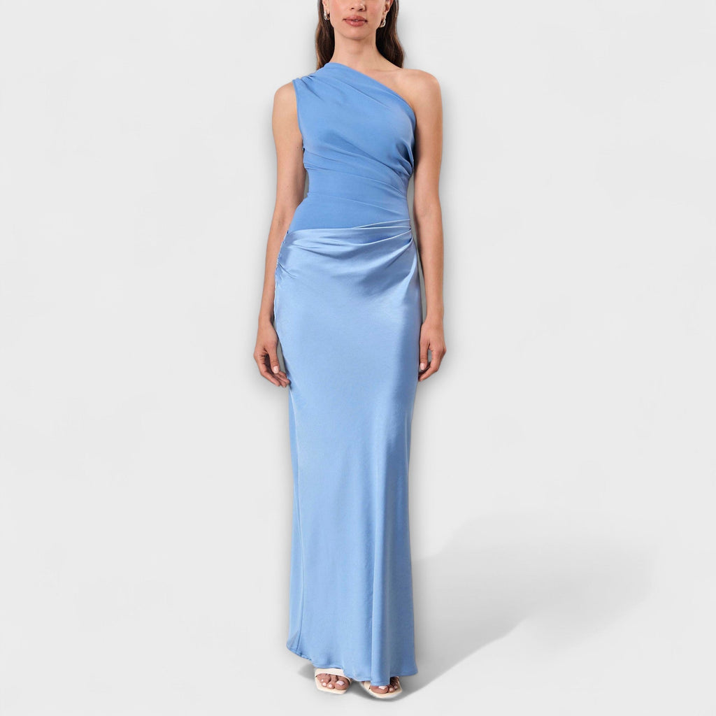 One-shoulder pleated maxi gown in rich dark green with a sweeping full-length skirt