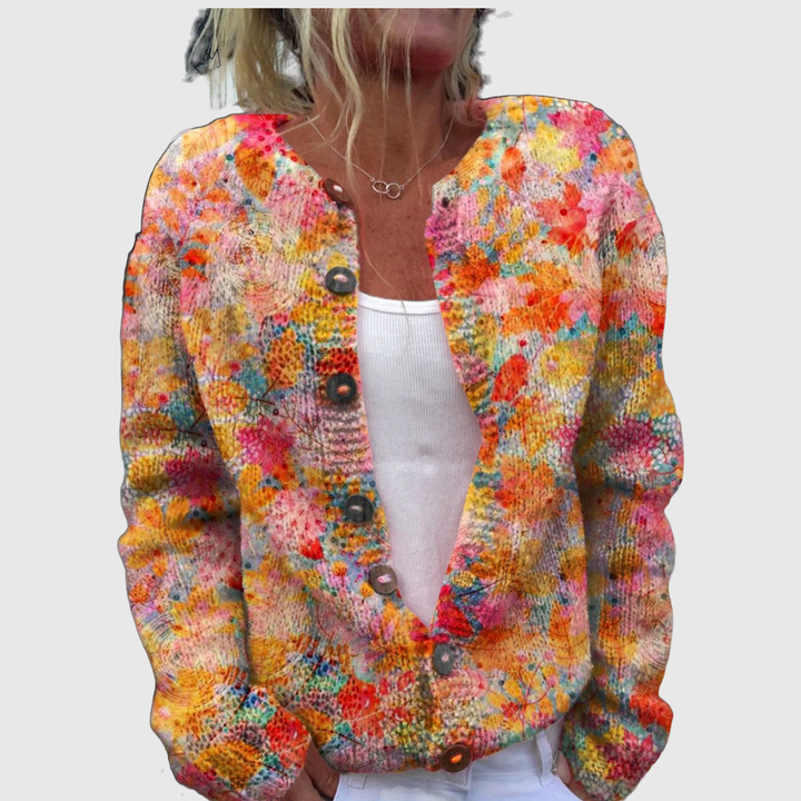 Sinead cardigan with a lively burst of blooms in pink, orange and yellow – Mary Cork