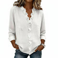 Pink women's V-neck blouse with decorative frill collar and long sleeves