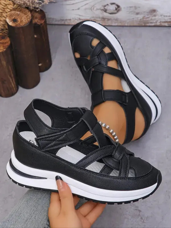 Women's strappy comfort sandals with a cushioned sole in a neutral tan colourway