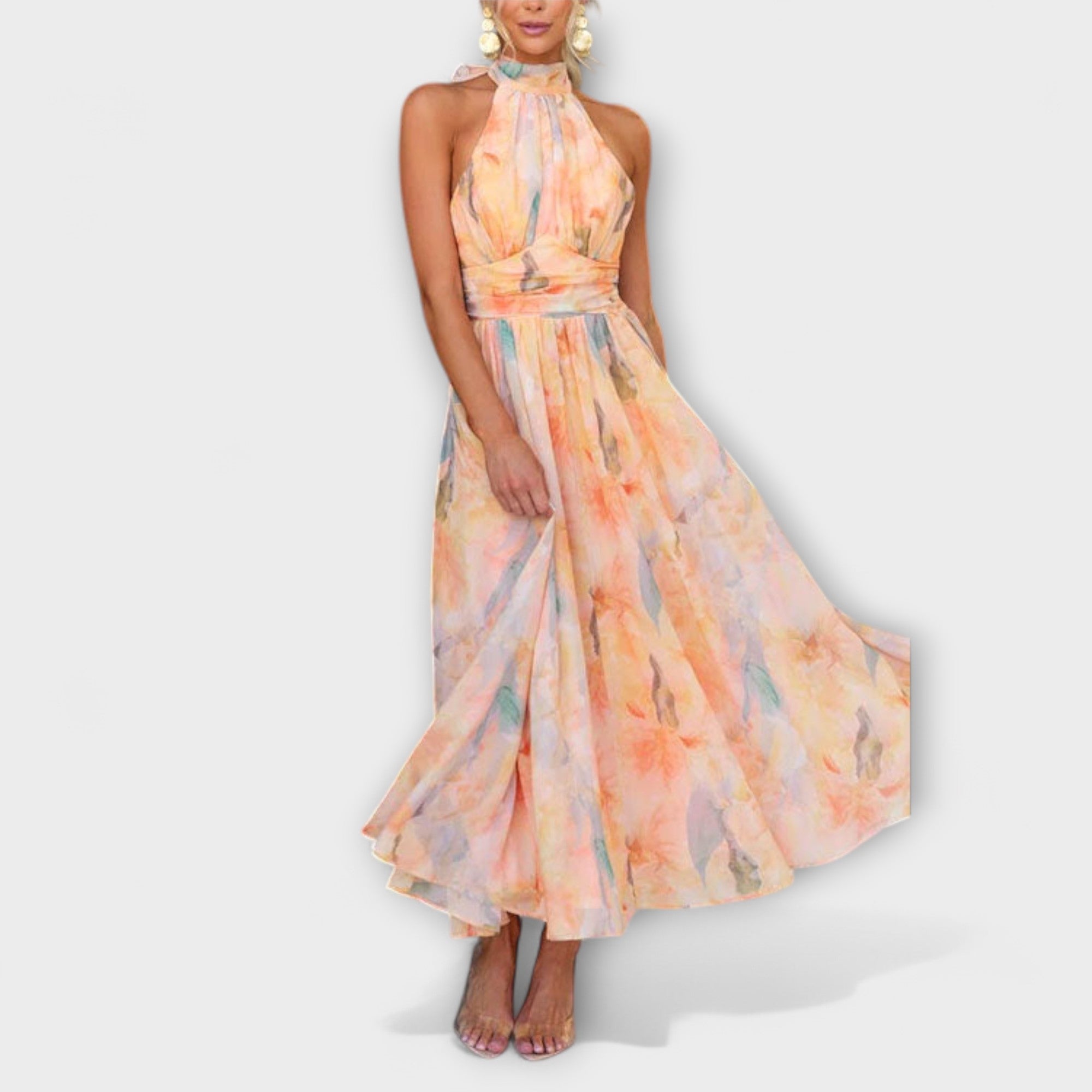 Flowing watercolour print maxi dress with open back in soft multi-tone colours