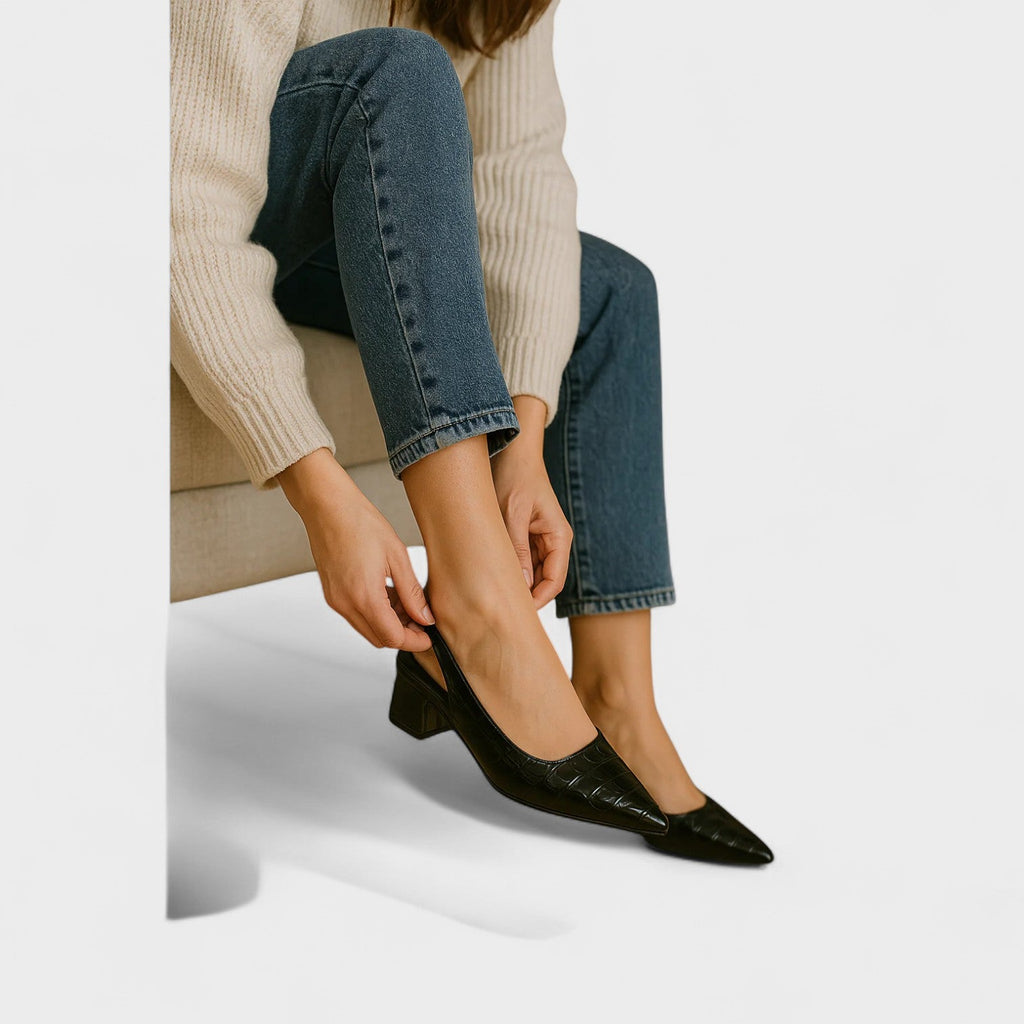 Brown textured mid-heel court shoes with a pointed toe and block heel