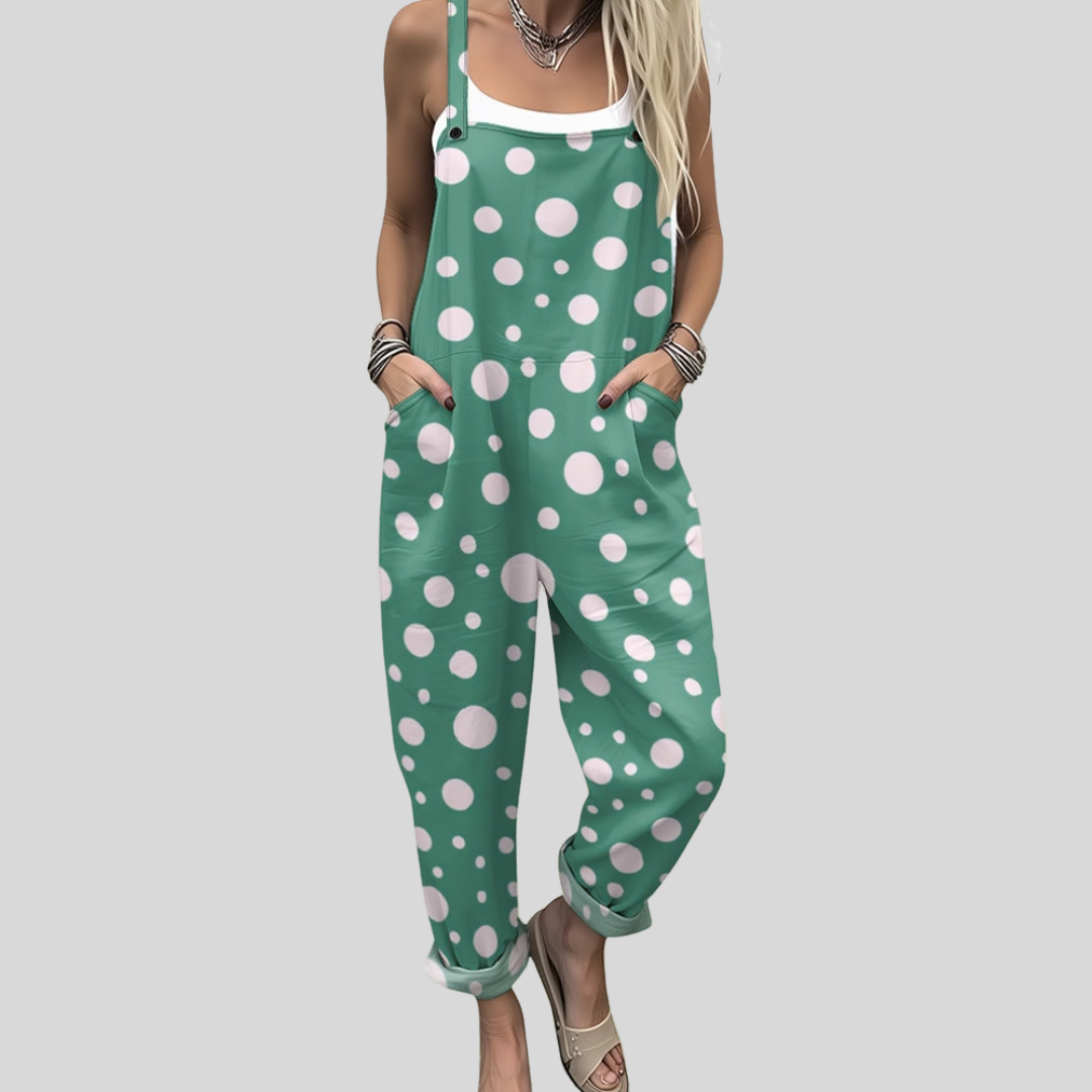 Isibéal™ wide-leg dungarees in fresh green with white polka dots of varying sizes scattered across the fabric.