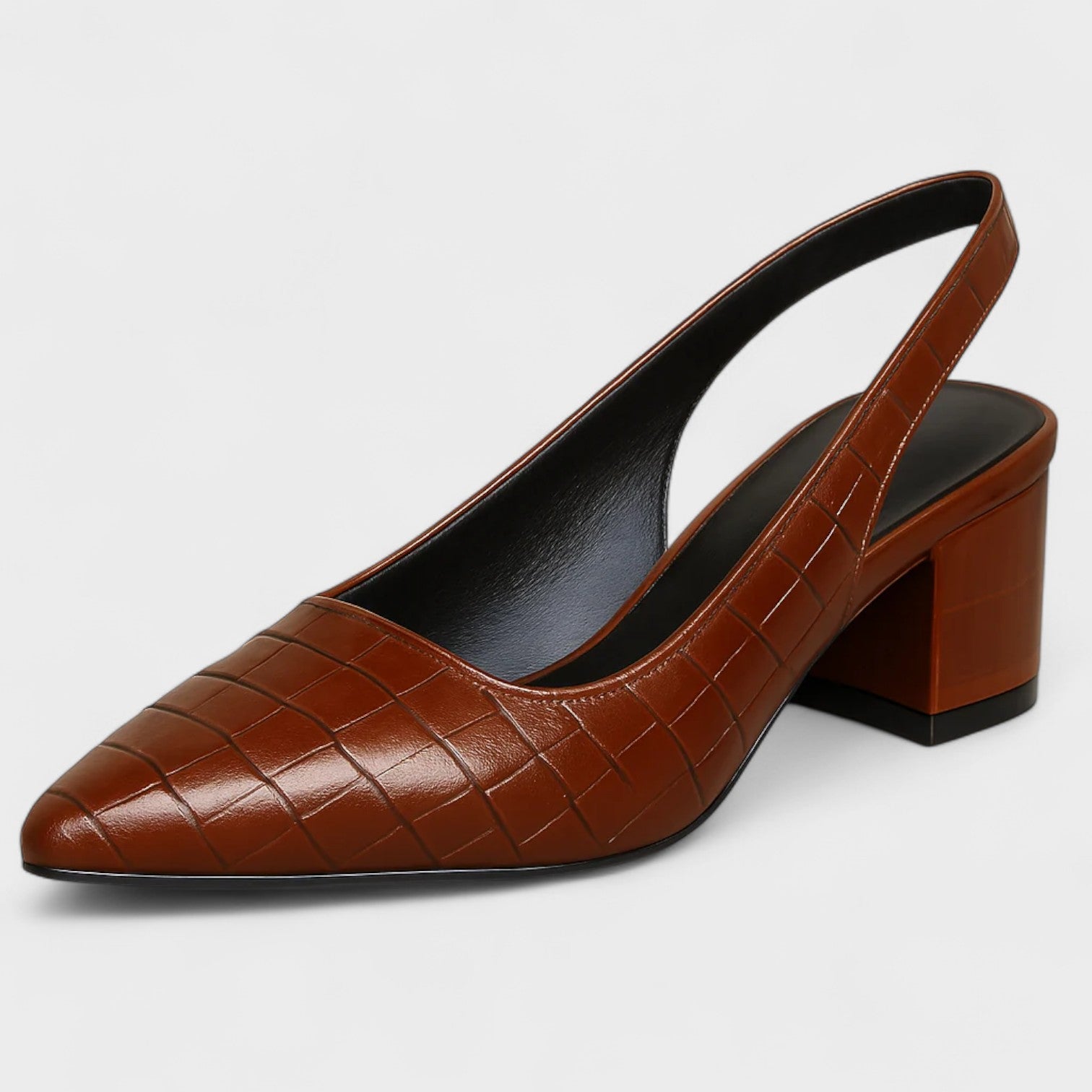 Brown textured mid-heel court shoes with a pointed toe and block heel