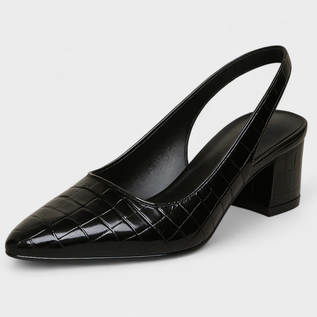 Brown textured mid-heel court shoes with a pointed toe and block heel