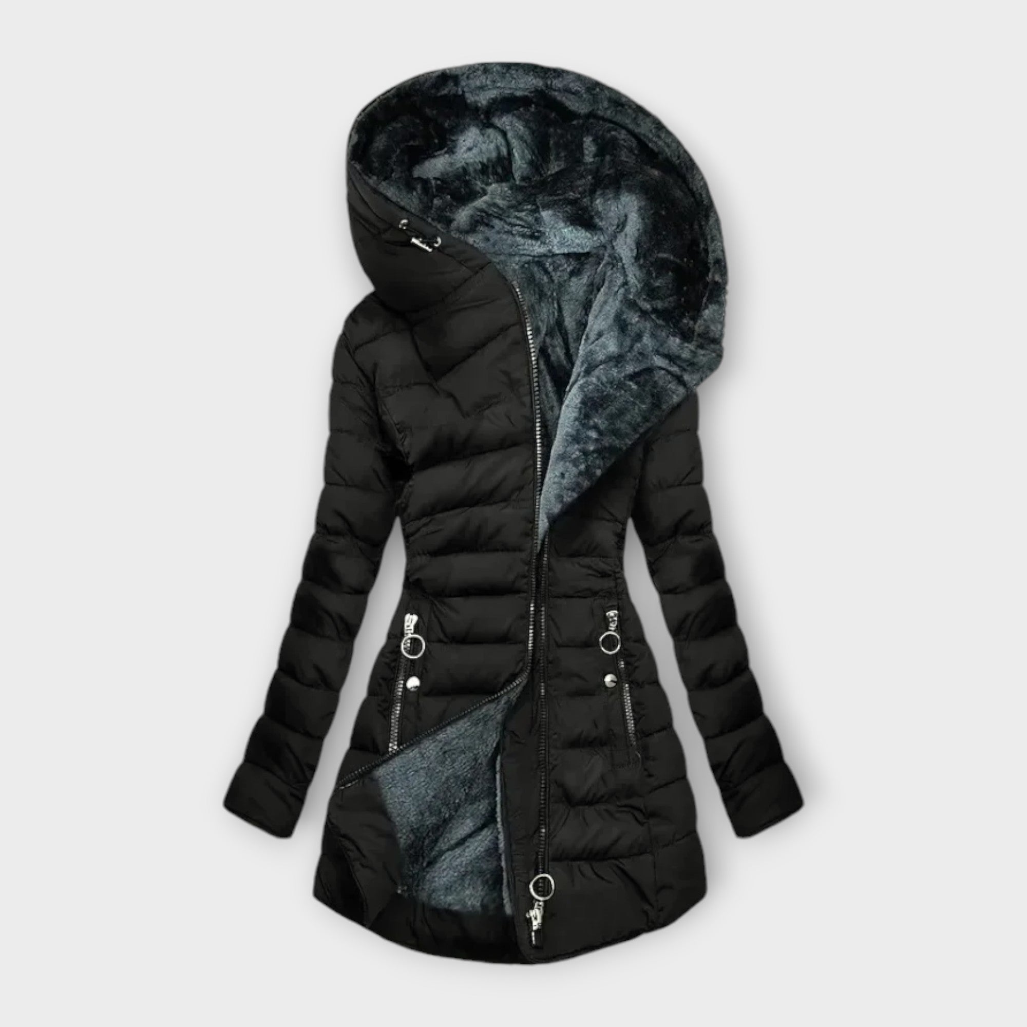 Down-filled long coat in light green, black and dark green with a classic, structured silhouette