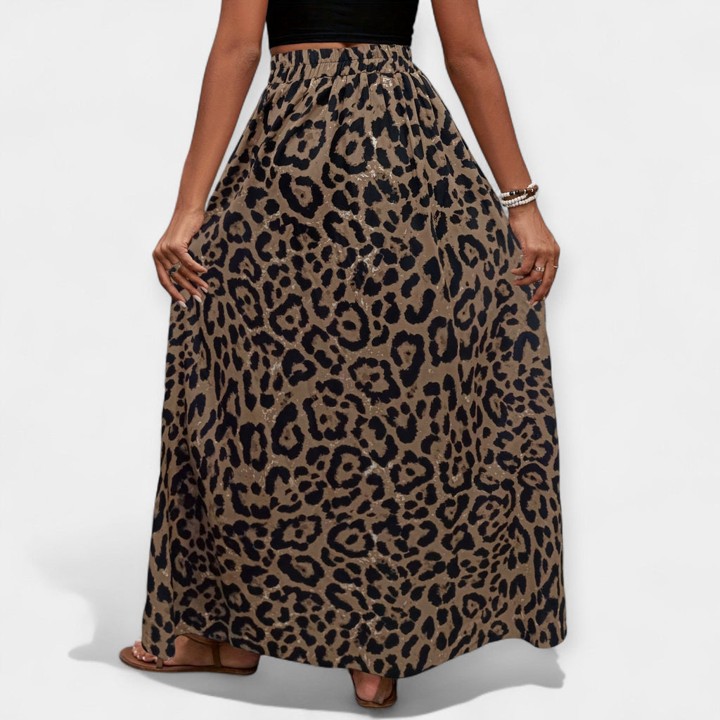 Leopard print midi skirt with a split hem and relaxed fluid silhouette