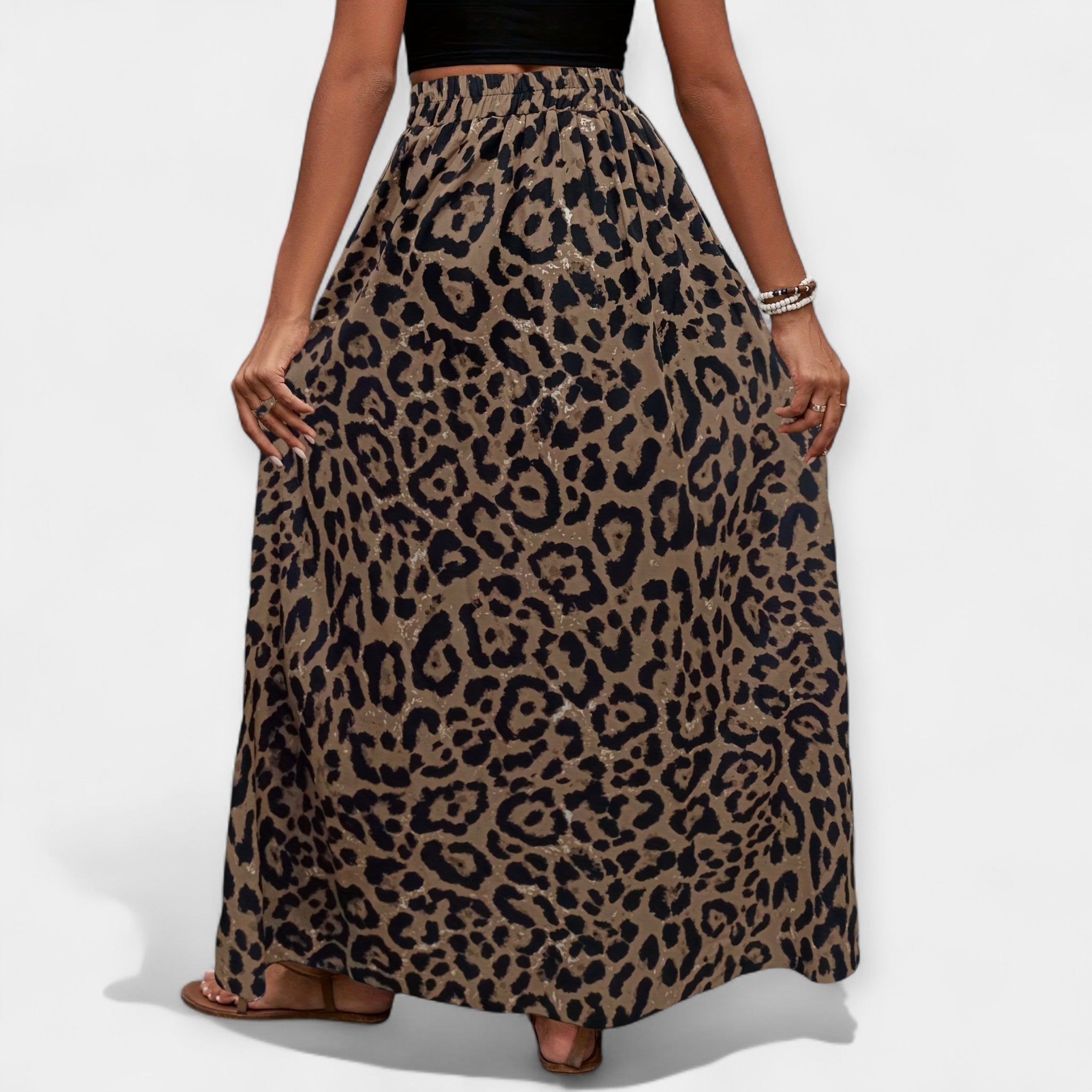Leopard print midi skirt with a split hem and relaxed fluid silhouette