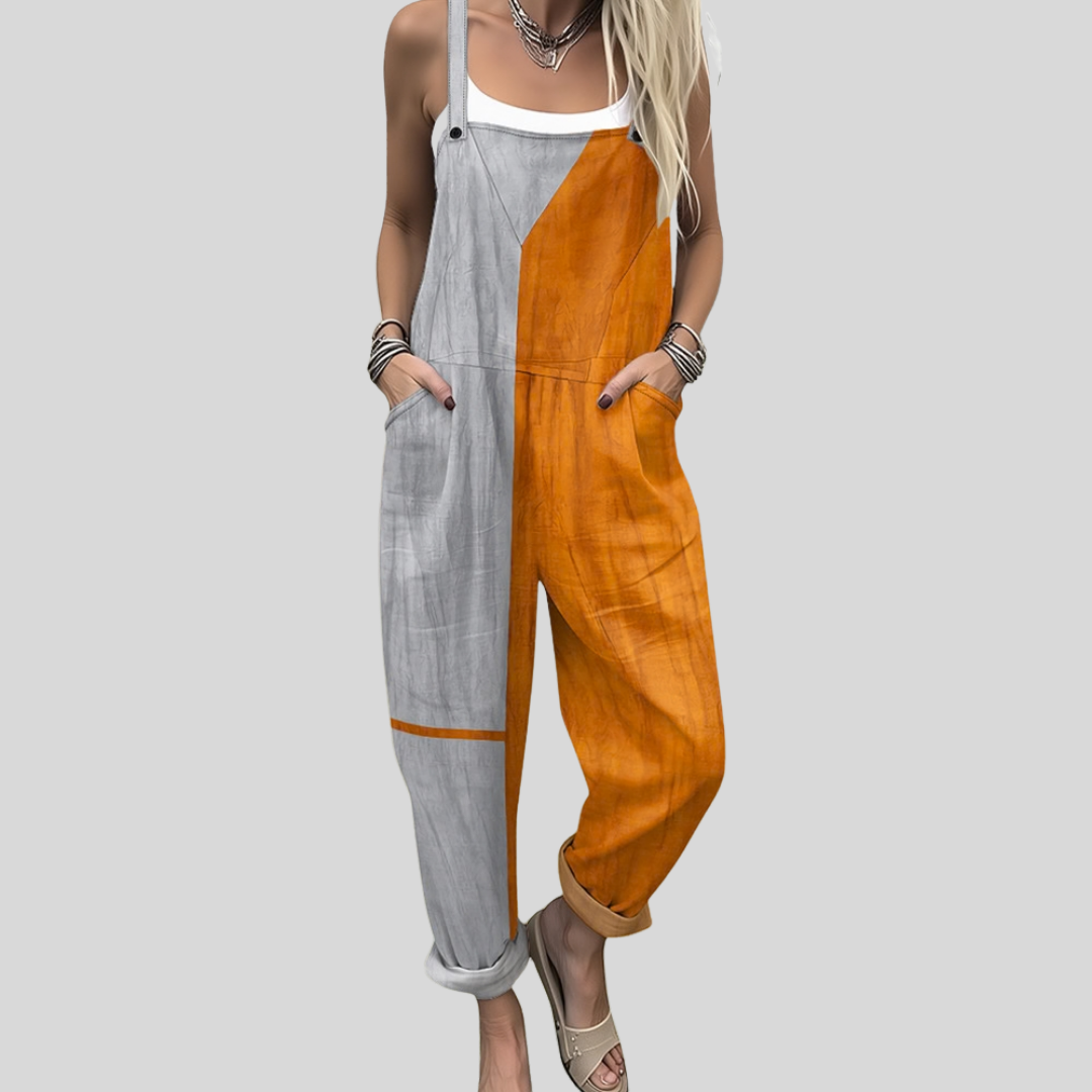 Wide-leg dungarees in a bold grey and orange colour-block design with adjustable straps, from Mary Cork Ireland.