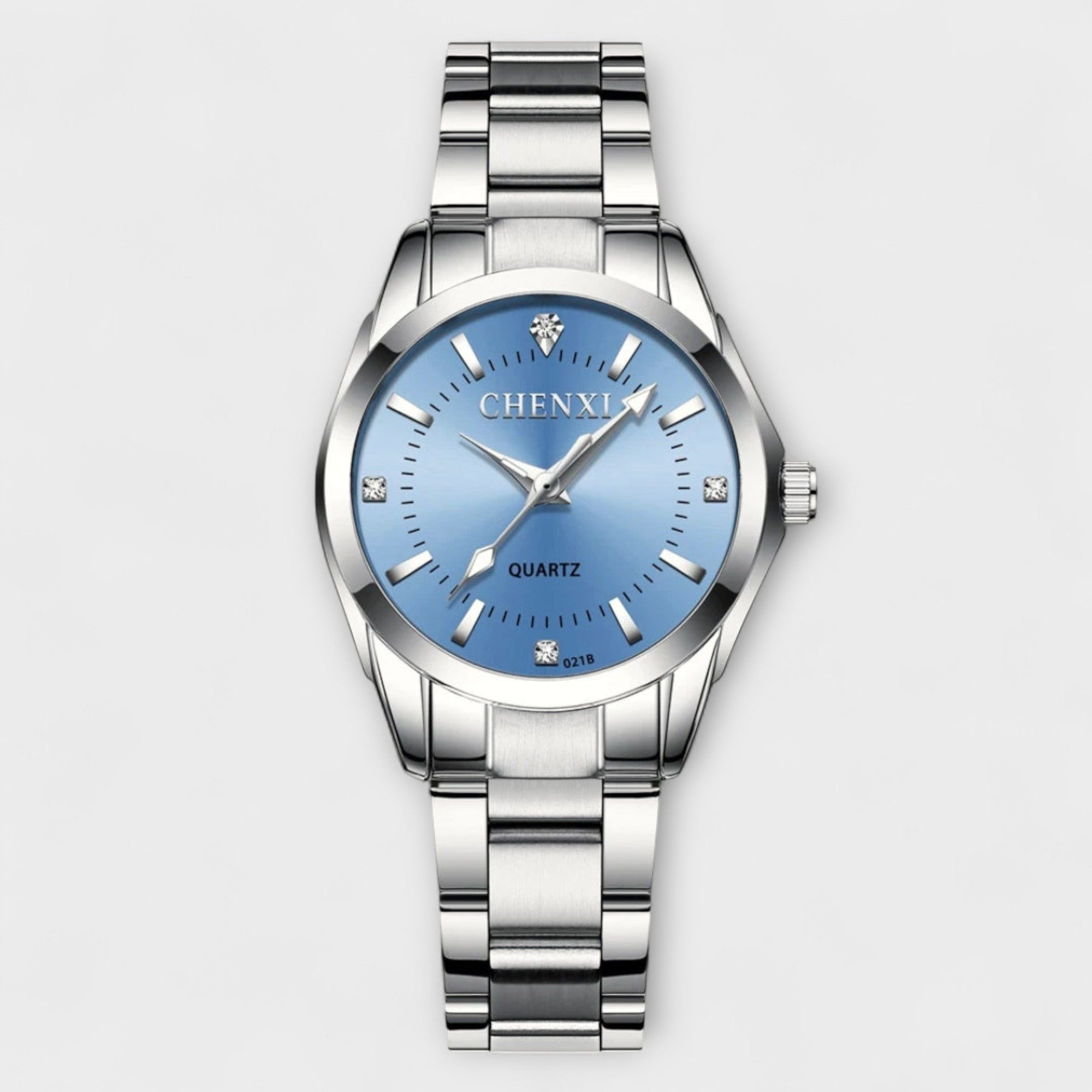 Women's stainless steel classic watch in pale blue with a minimal polished face
