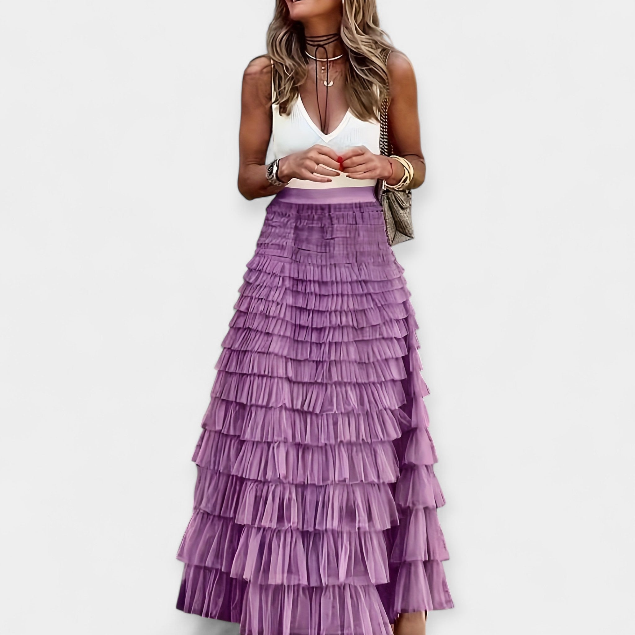 Boho high-waist midi skirt in dark green with a mesh hem border detail
