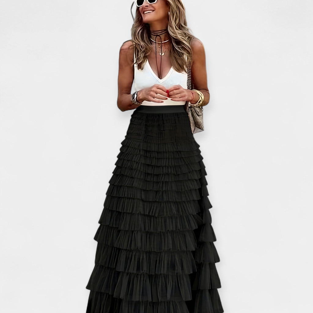 Boho high-waist midi skirt in dark green with a mesh hem border detail