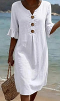 VANESA™ | Linen Textured Dress with Puff Sleeves and Button Detail