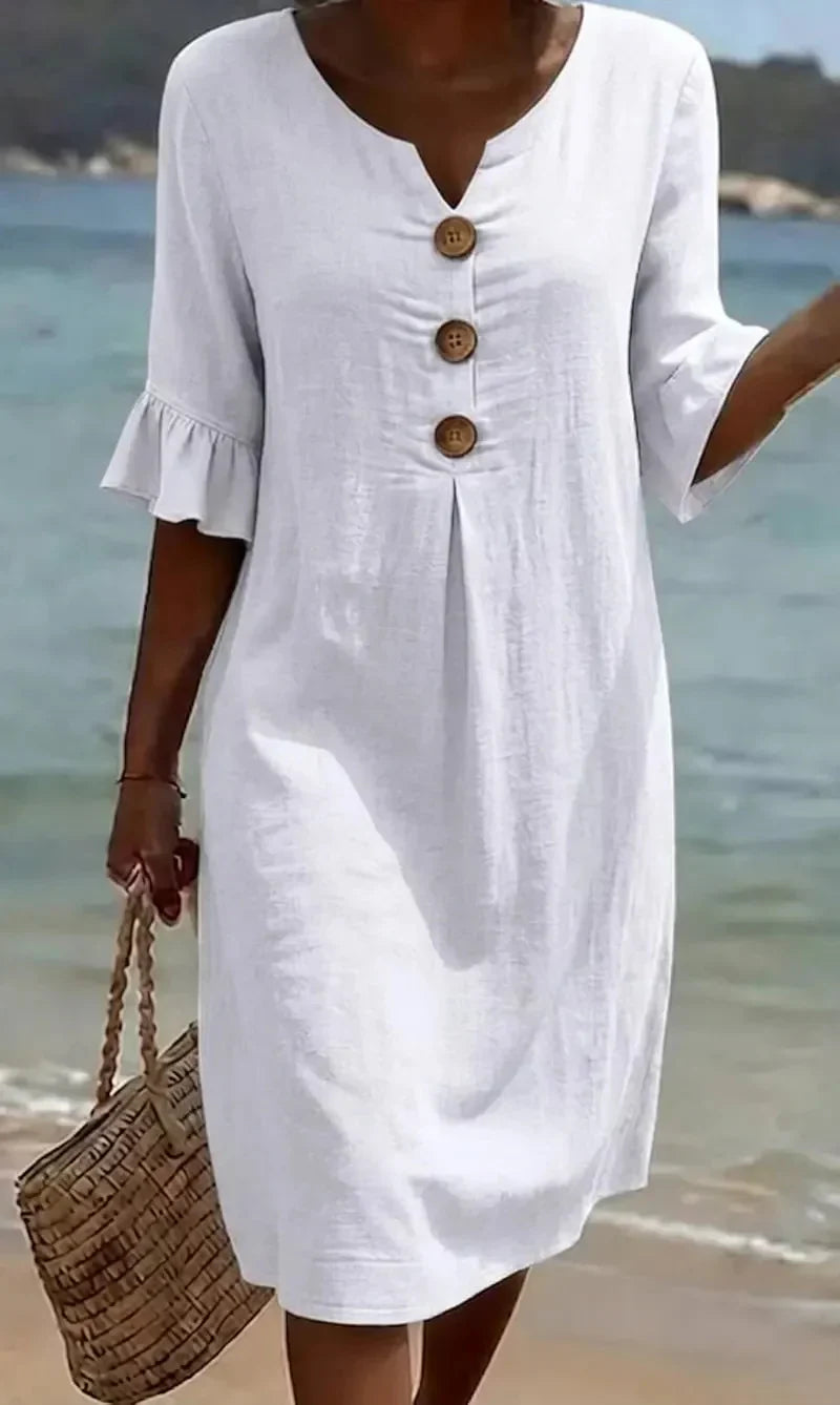VANESA™ | Linen Textured Dress with Puff Sleeves and Button Detail