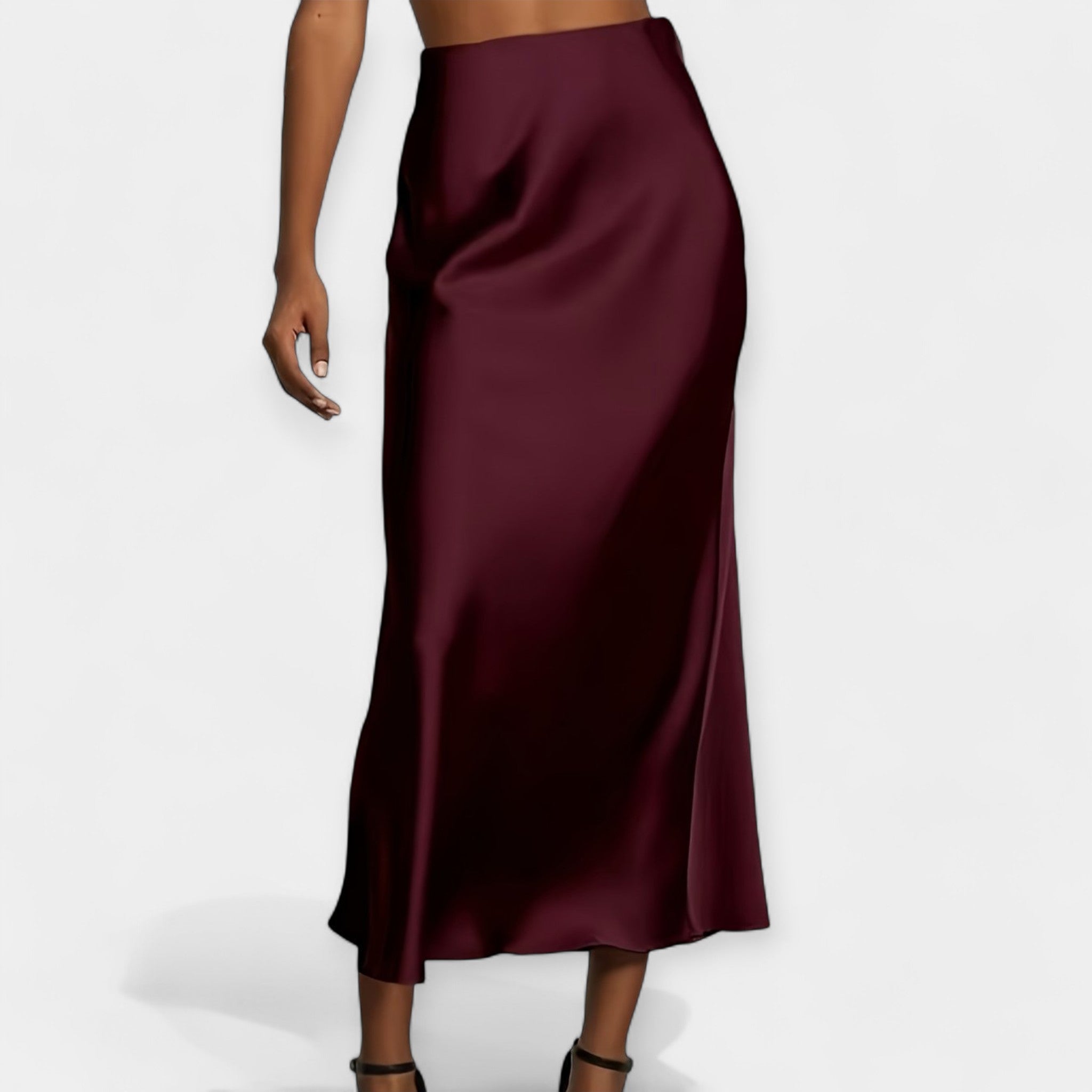 High-waist smooth midi skirt in black with a flowing wide-cut silhouette and lustrous finish