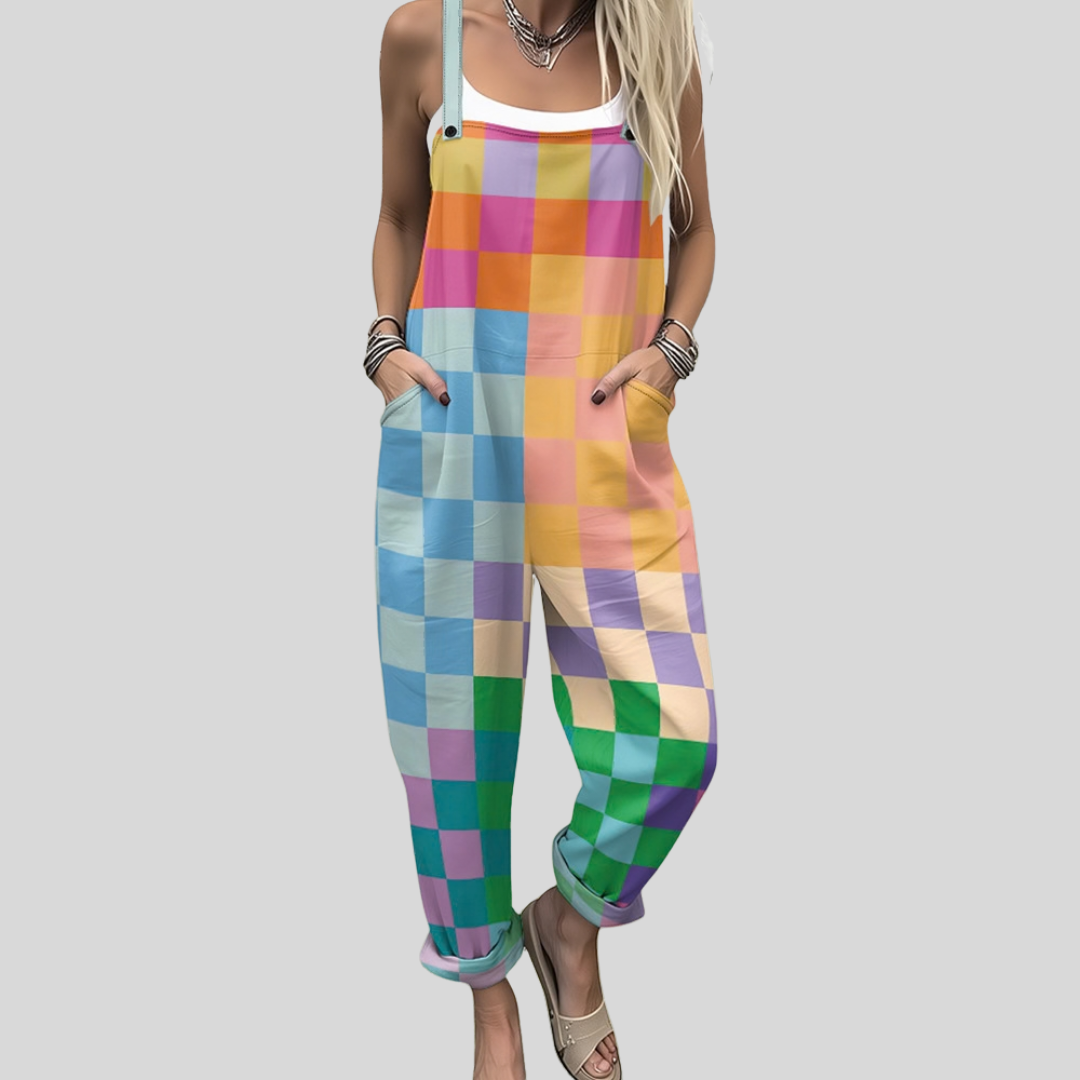 Dearbháil™ wide-leg dungarees in a soft pastel check of pink, lilac, mint and yellow squares.