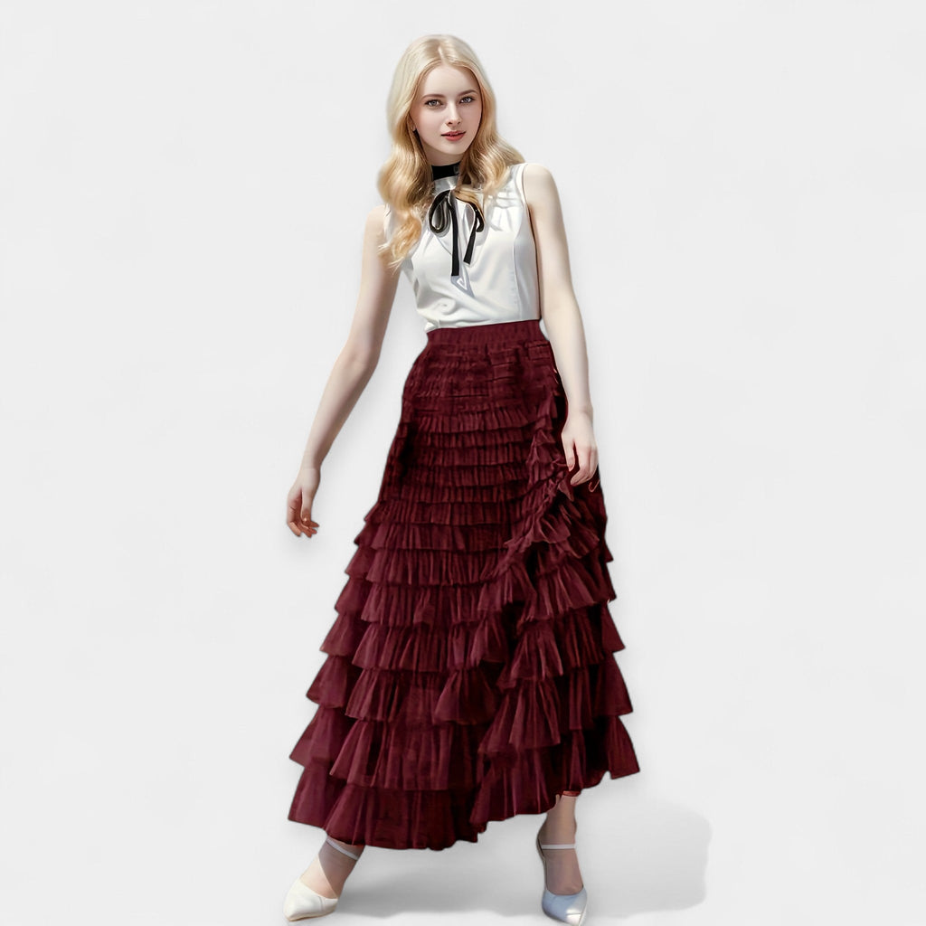 Floaty layered midi skirt in red with a full A-line silhouette and high waist