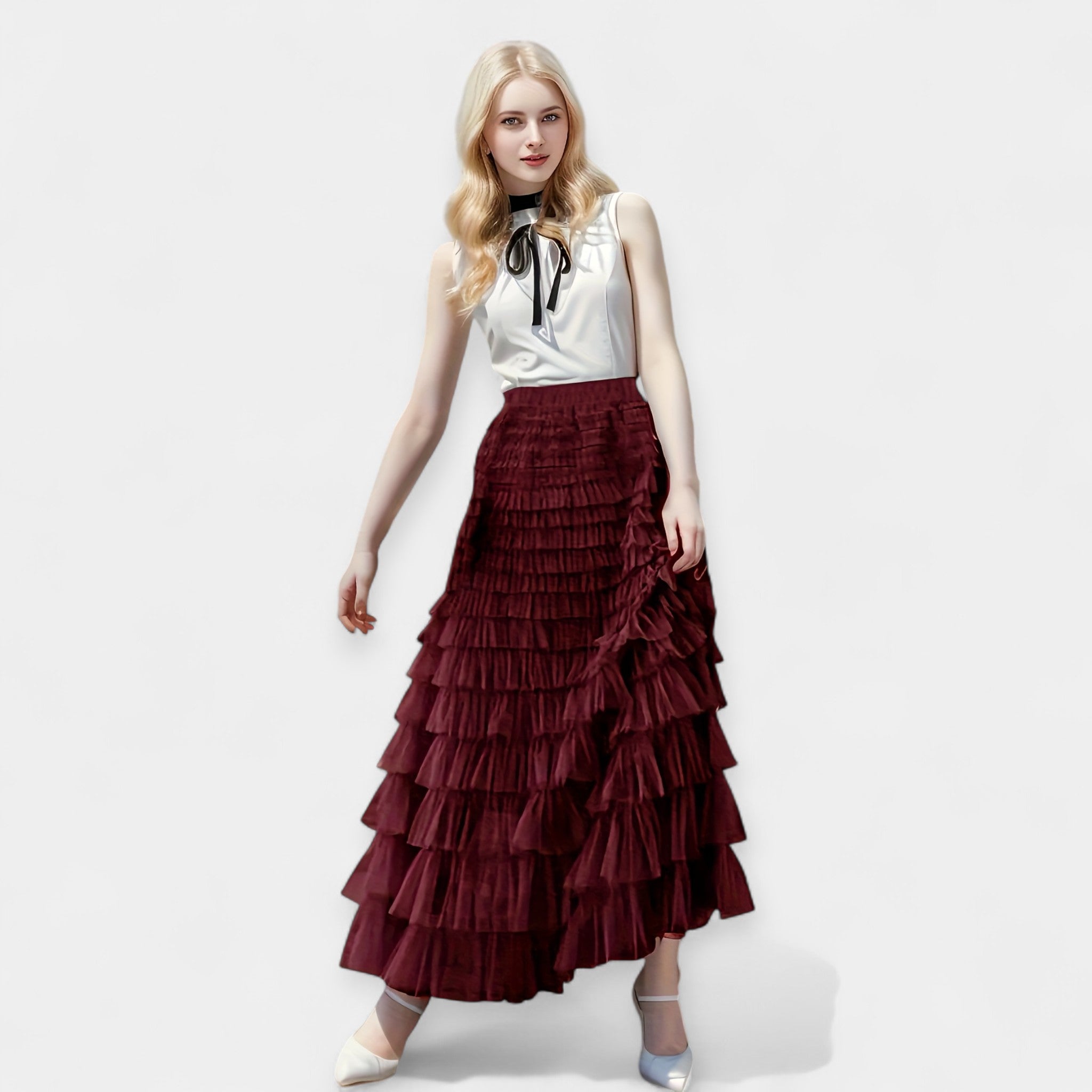 Floaty layered midi skirt in red with a full A-line silhouette and high waist
