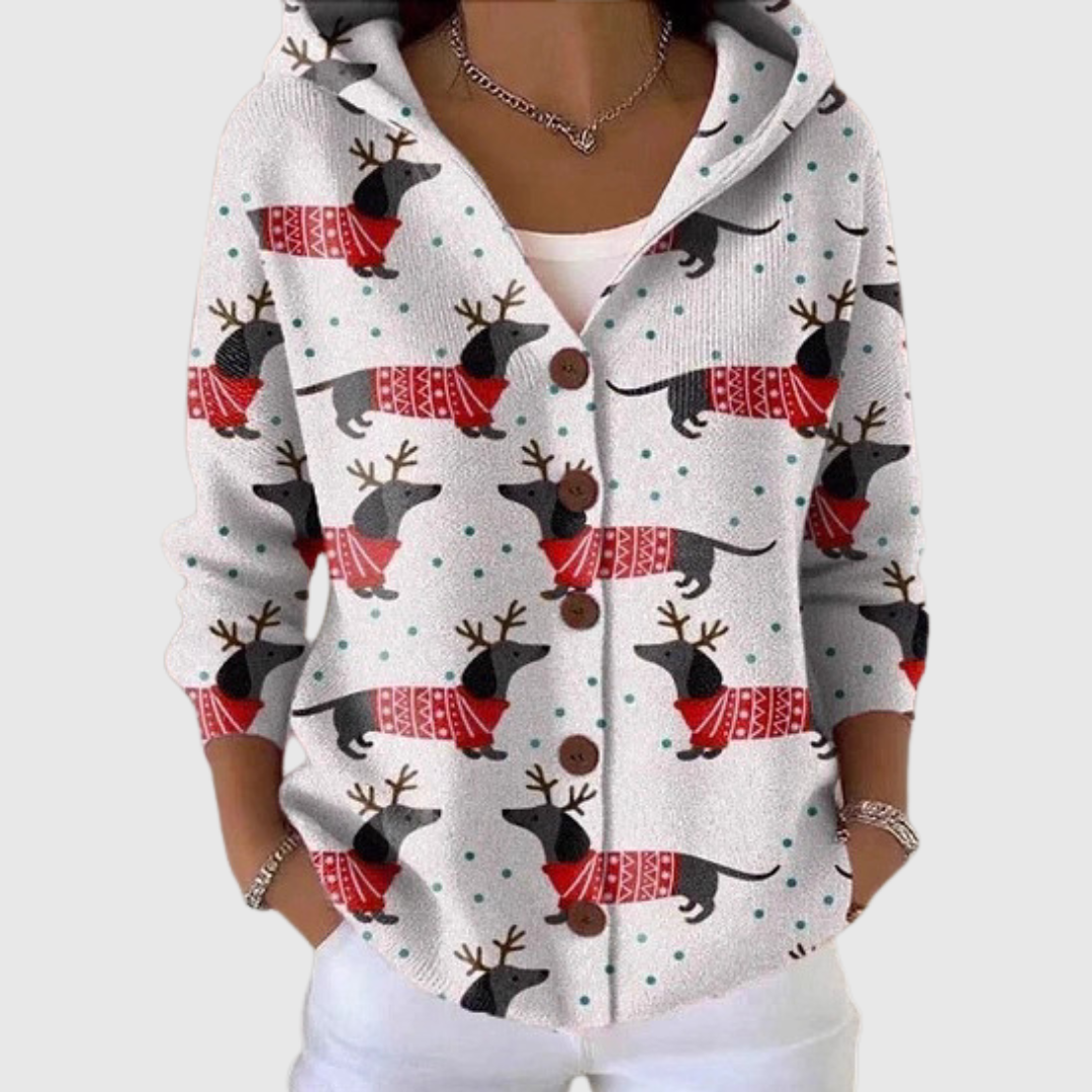 A woman wearing a soft hooded cardigan worn open over a top on a mild spring day.