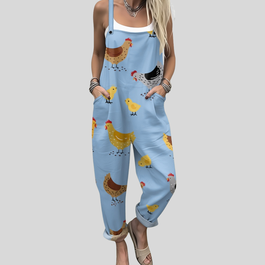 Ailbhe™ wide-leg dungarees in soft sky blue with a folk-art print of cheerful hens and chicks.