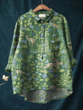 Women's printed top in green and beige tones with a relaxed, light and structured silhouette