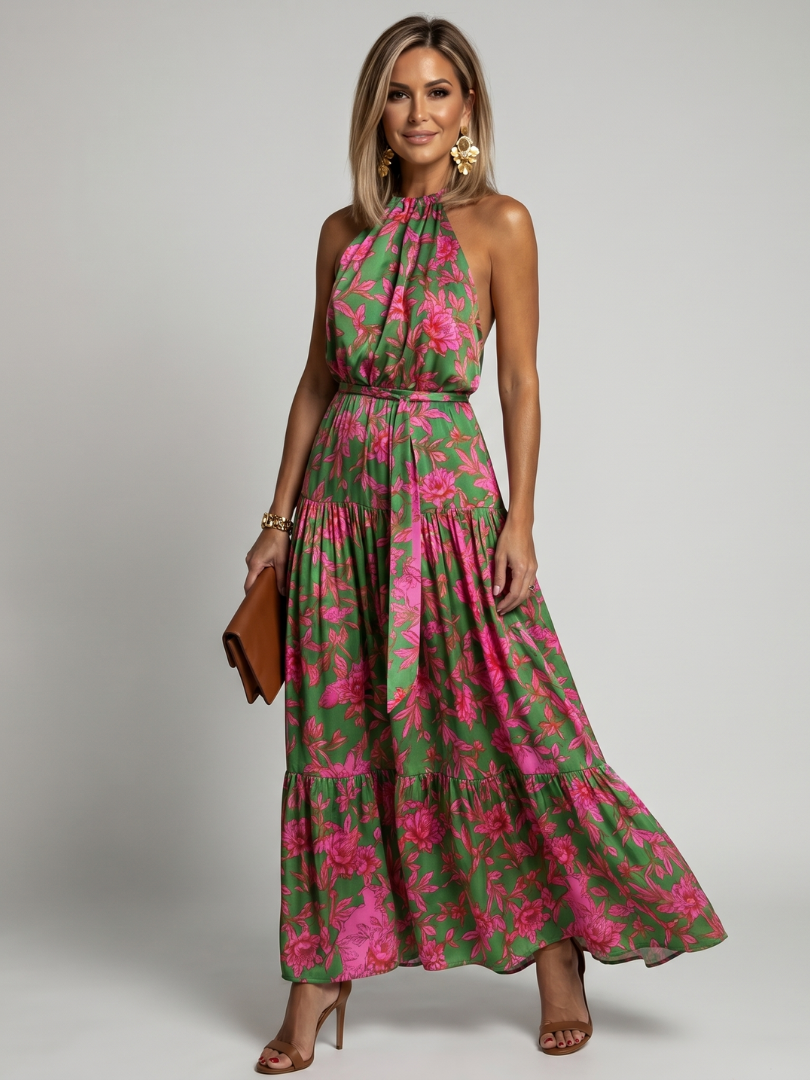 Floral halter-neck midi dress with softly draped bodice and layered flowing skirt