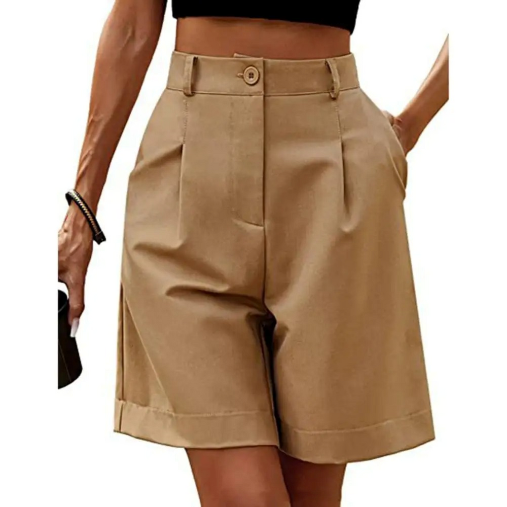 Easy-fit high-waist women's shorts in light brown, green and dark brown