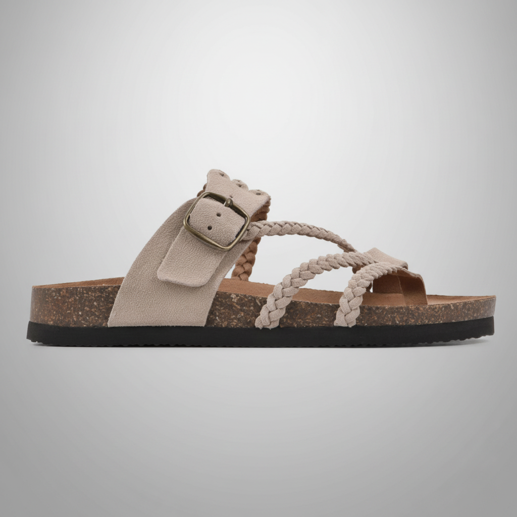 Natural woven flat sandal with an adjustable buckle strap and cushioned footbed