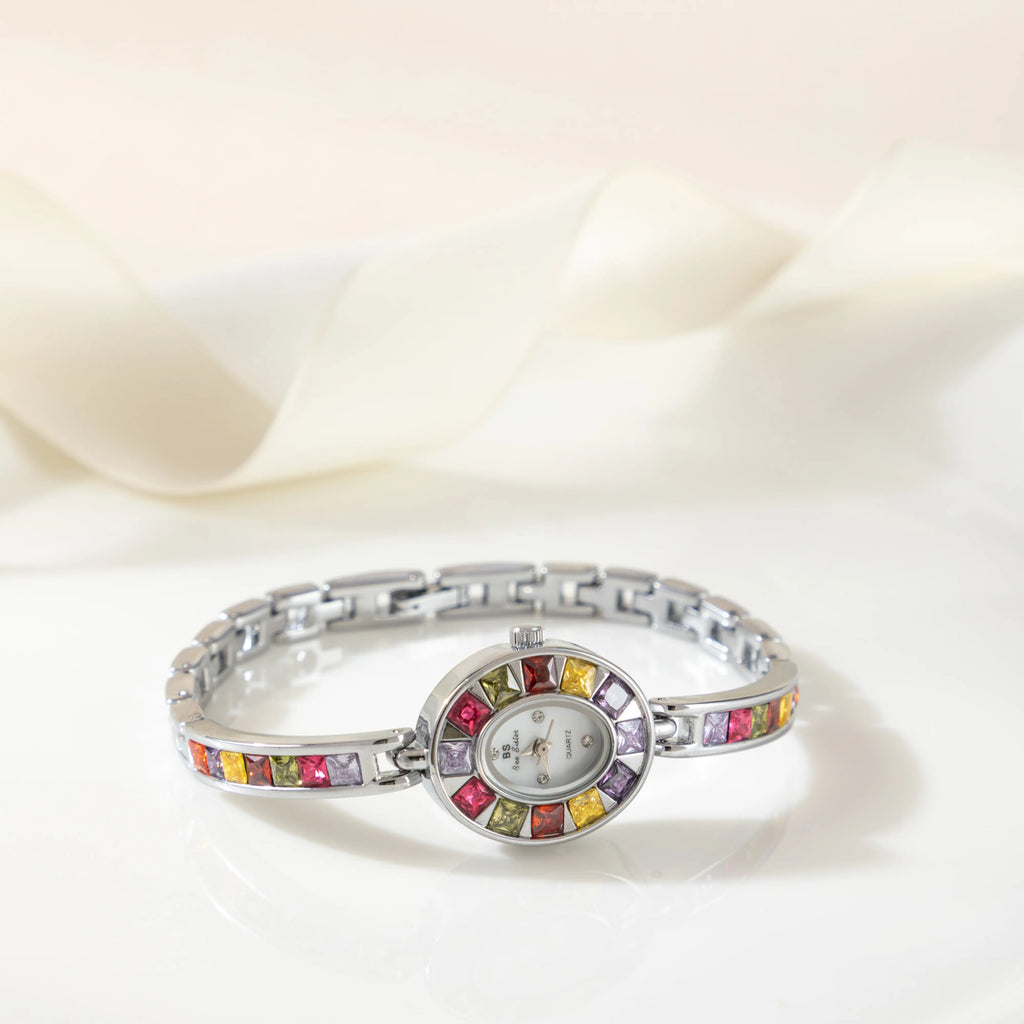 Women's colourful watch with golden detail trim in gold tones