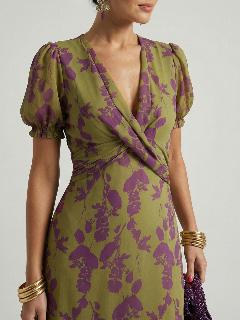 Floral print midi dress with wrap V-neckline, defined waist and straight flowing skirt