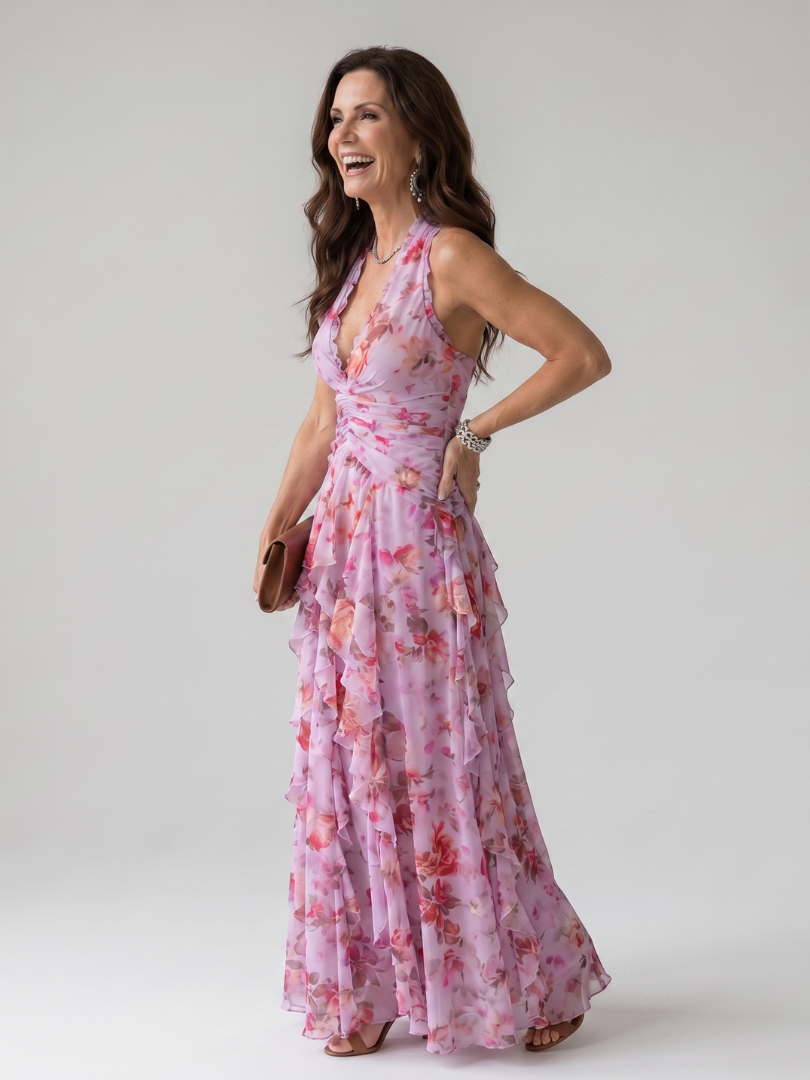 Pink floral halter maxi dress with a ruched bodice and layered ruffle skirt