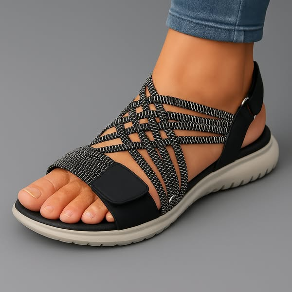 Women's adjustable comfort sandals in beige with Velcro strap and cushioned footbed
