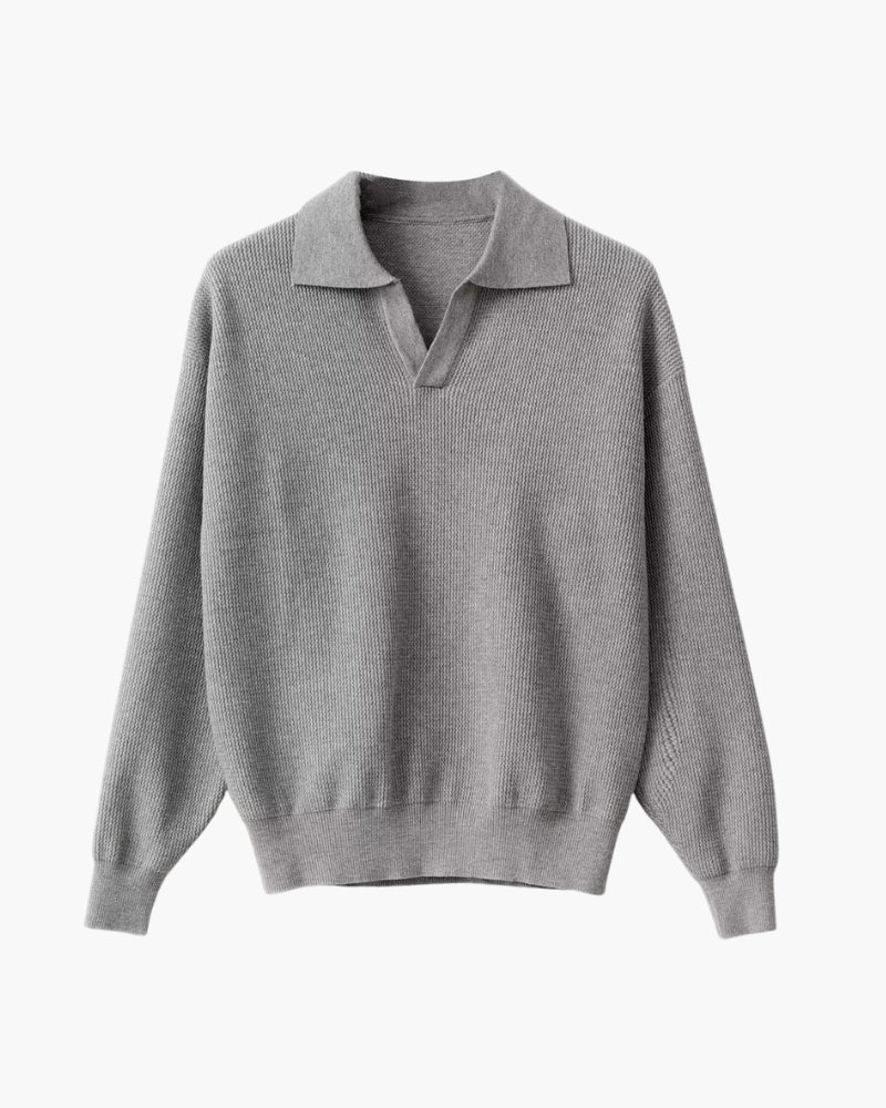 Men's grey half-zip polo-neck jumper with ribbed cuffs and a clean modern silhouette