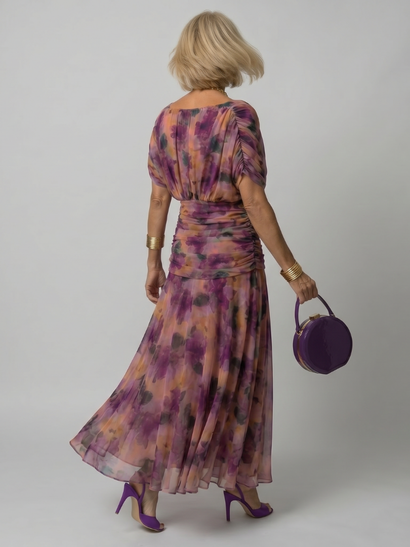 Purple off-shoulder midi dress with draped neckline and gently flared skirt