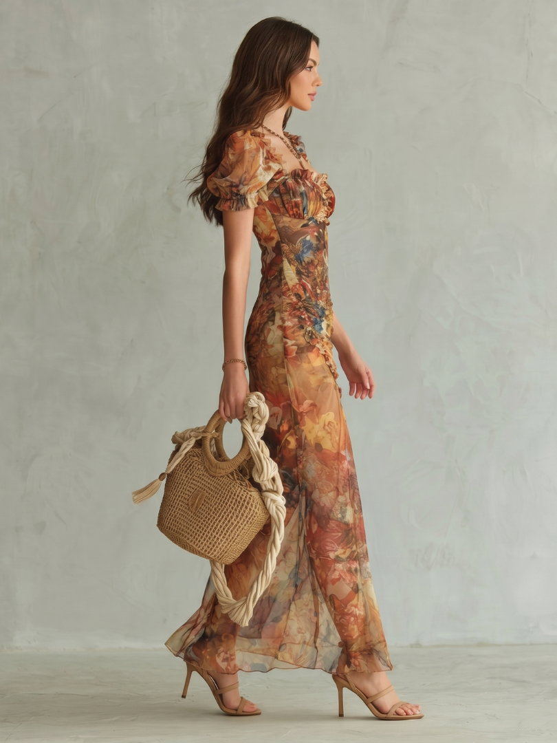 Multicolour fitted midi dress with short flutter sleeves, ruched bodice and front slit