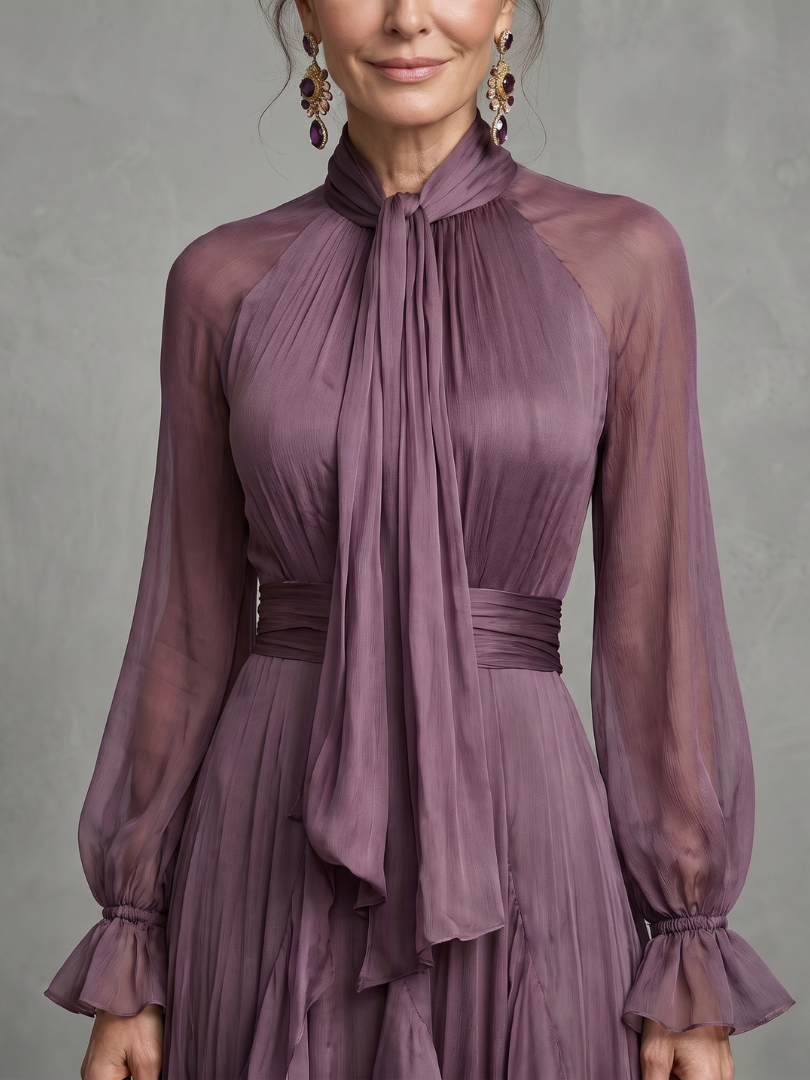 Purple long-sleeve maxi dress with a bow neckline and full layered ruffle skirt