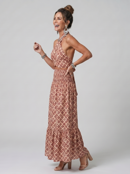 Geometric multicolour crossover halter midi dress with a fluid flowing skirt