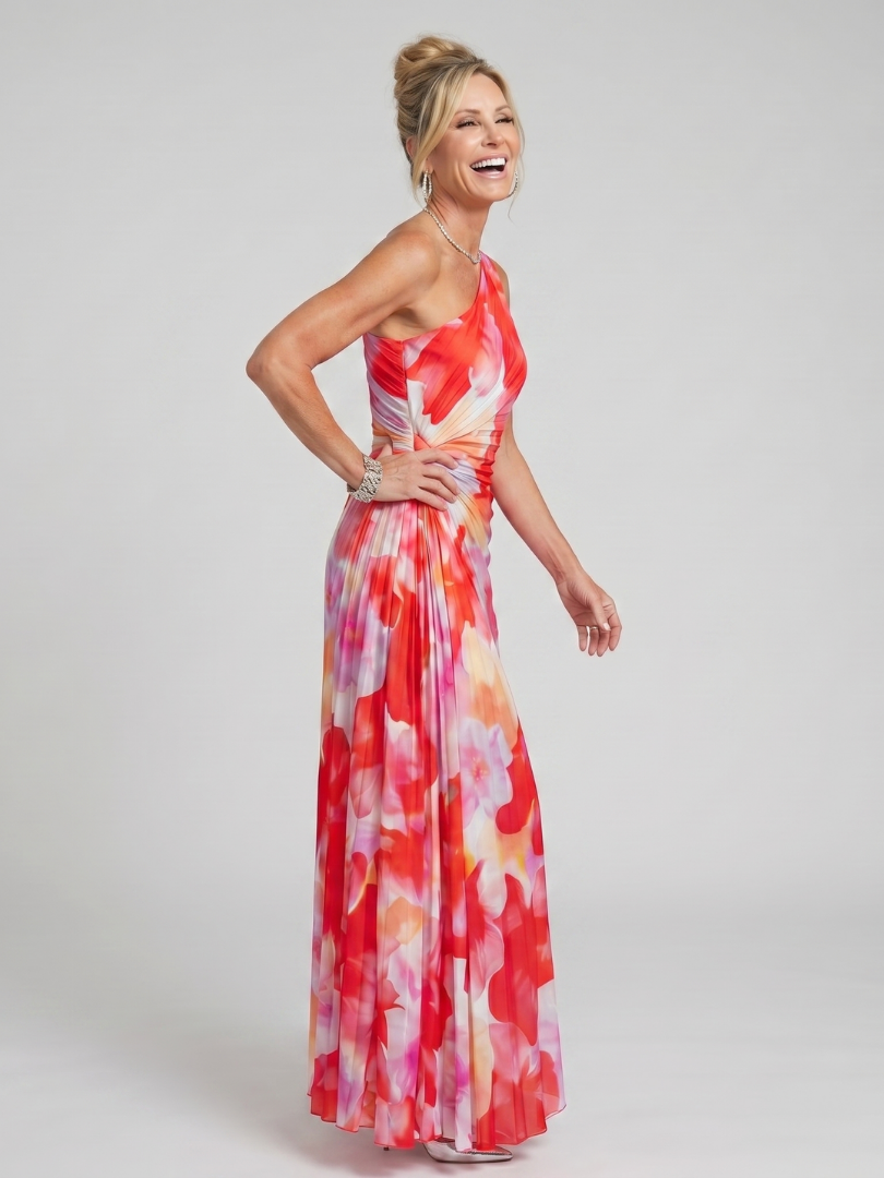 Floral one-shoulder midi dress with a pleated bodice and a flowing relaxed skirt